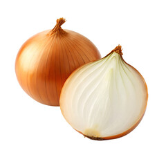 A whole and halved brown onion is isolated on a transparent background for cooking
