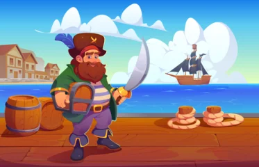 Wandcirkels Piraten Pirate captain character on the port pier holding sword and treasure chest. Cartoon vector scene with corsair standing on a dock near the sea, with a pirate ship and coastal town under a clear sky  © Vector Tradition