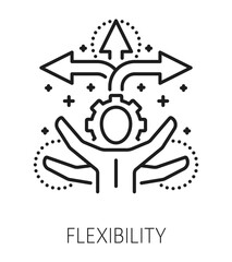 Flexibility life skills line icon or sign. Human potential lineart vector sign, personal quality thin line symbol. Personality flexibility ability pictogram or life skill icon with multitasking person