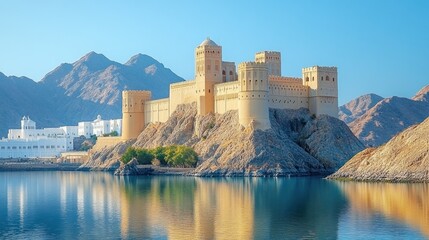 Fototapeta premium Majestic fortress, reflecting in still waters, with mountainous backdrop