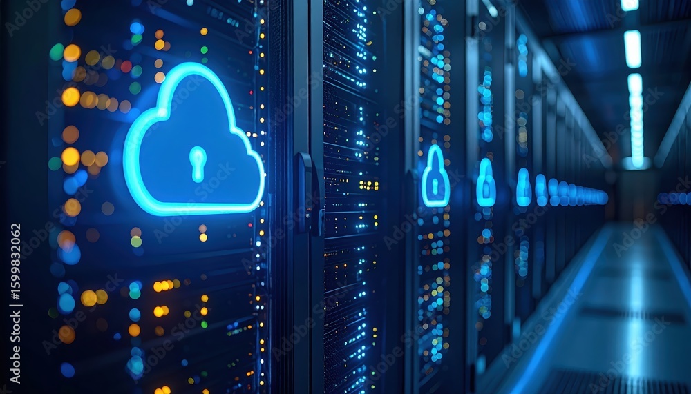 Poster high tech cloud storage data center with illuminated server racks and digital cloud icon representin