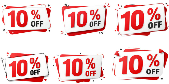 Collection of red and white 10% OFF discount badges and promotion labels, isolated on white background for retail, marketing, sales, and e-commerce advertising