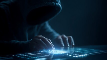 Anonymous hacker typing on a glowing keyboard in the dark