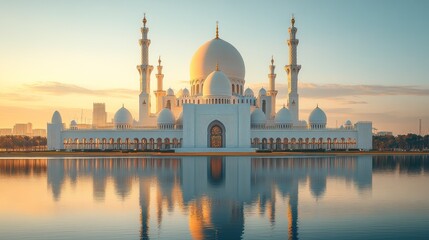 Majestic mosque at dawn, reflected in still water (1)
