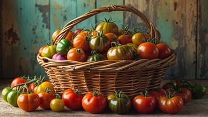 A basket of vibrant, freshly picked heirloom tomatoes sits on a weathered wooden surface.
