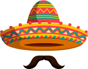 Cartoon Mexican mariachi sombrero hat with moustaches. Isolated vector traditional charro cap adorned with vibrant patterns, symbolizes Latin culture, festive spirit and lively traditions of country