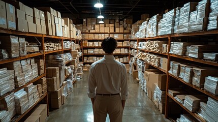 Warehouse Inventory: A Man Stands in the Middle of Rows of Cardboard Boxes