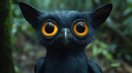 Enchanted Forest Creature: A digital painting of a mystical owl-like being with mesmerizing golden eyes, inhabiting a lush, mysterious forest.