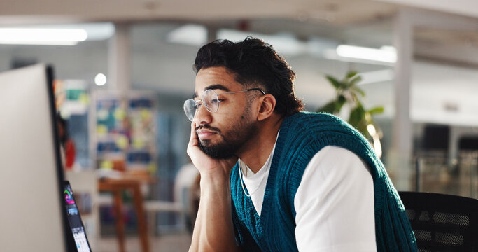 Sleepy, employee and man with computer, office and bored with project on website, tired and burnout. Exhausted, graphic designer and person with tech for task, lazy and overworked in creative agency - Powered by Adobe