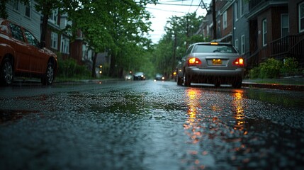 Rainy Day Street Scene: Cars and Houses Reflecting in Puddles