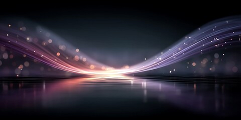 Abstract Blue Purple Background Image Featuring Glowing Light Rays and Bokeh Effects Creating a Serene and Dynamic Atmosphere with a Reflective Surface Below