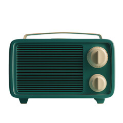A vintage teal radio with cream-colored control knobs and a handle is isolated on a transparent background.
