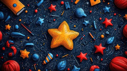 Vibrant Doodle Starry Night: A Whimsical Composition of Colorful Stars, School Supplies, and Abstract Elements