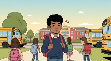 Illustration of a young boy with a backpack walking towards school, surrounded by other children and school buses.