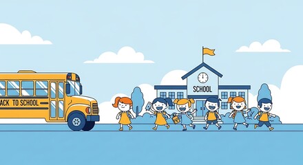 Illustration of happy children walking towards school from a yellow school bus against a blue sky and school building background.