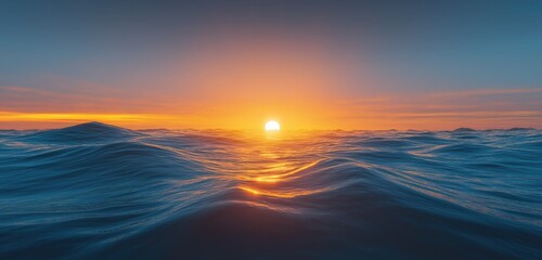 Obraz premium A tranquil ocean at dawn, where the golden sun slowly rises above the horizon, casting warm hues of orange, pink, and blue across the sky. 