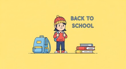 Cartoon illustration of a girl with a backpack standing next to books, with a backpack on the floor, and the text "Back to School" on a yellow background.