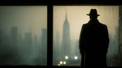 A lone detective in classic noir style stands by a rain streaked window, staring at the glowing city skyline under a brooding, cinematic night.