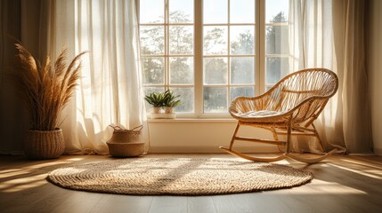 Serene Sunlight in Cozy Room: A Relaxing Rattan Rocking Chair by the Window