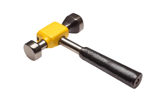 a hammer with a yellow handle on a white background