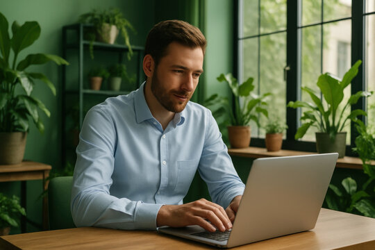 Man sitting at table, focused on laptop.