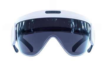 A white virtual reality headset with a tinted visor and front-facing cameras is shown against a transparent background.