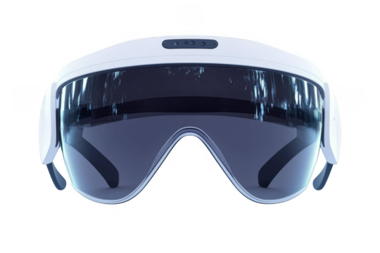 A white virtual reality headset with a tinted visor and front-facing cameras is shown against a transparent background.