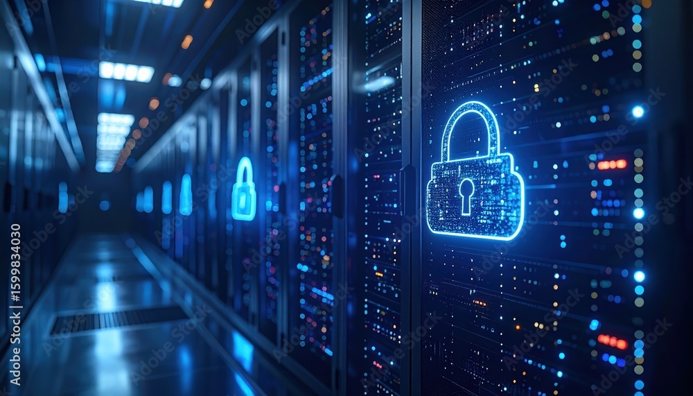 Poster modern data center with digital security icons representing cyber protection and data privacy in a h