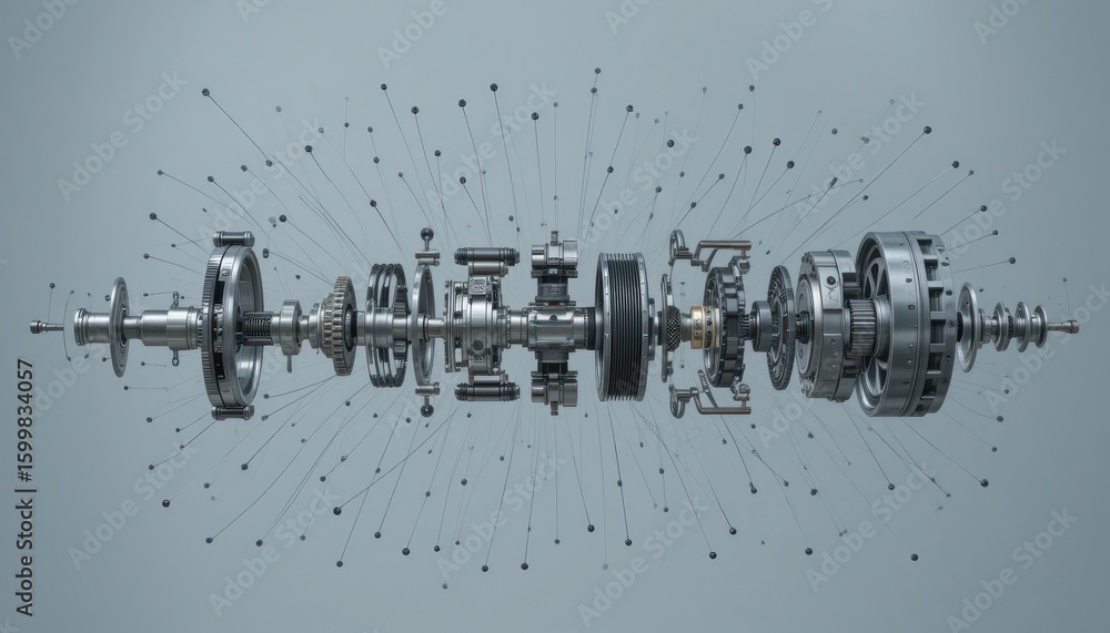 Aufkleber exploded view of a complex gear system: precision engineering and mechanical design