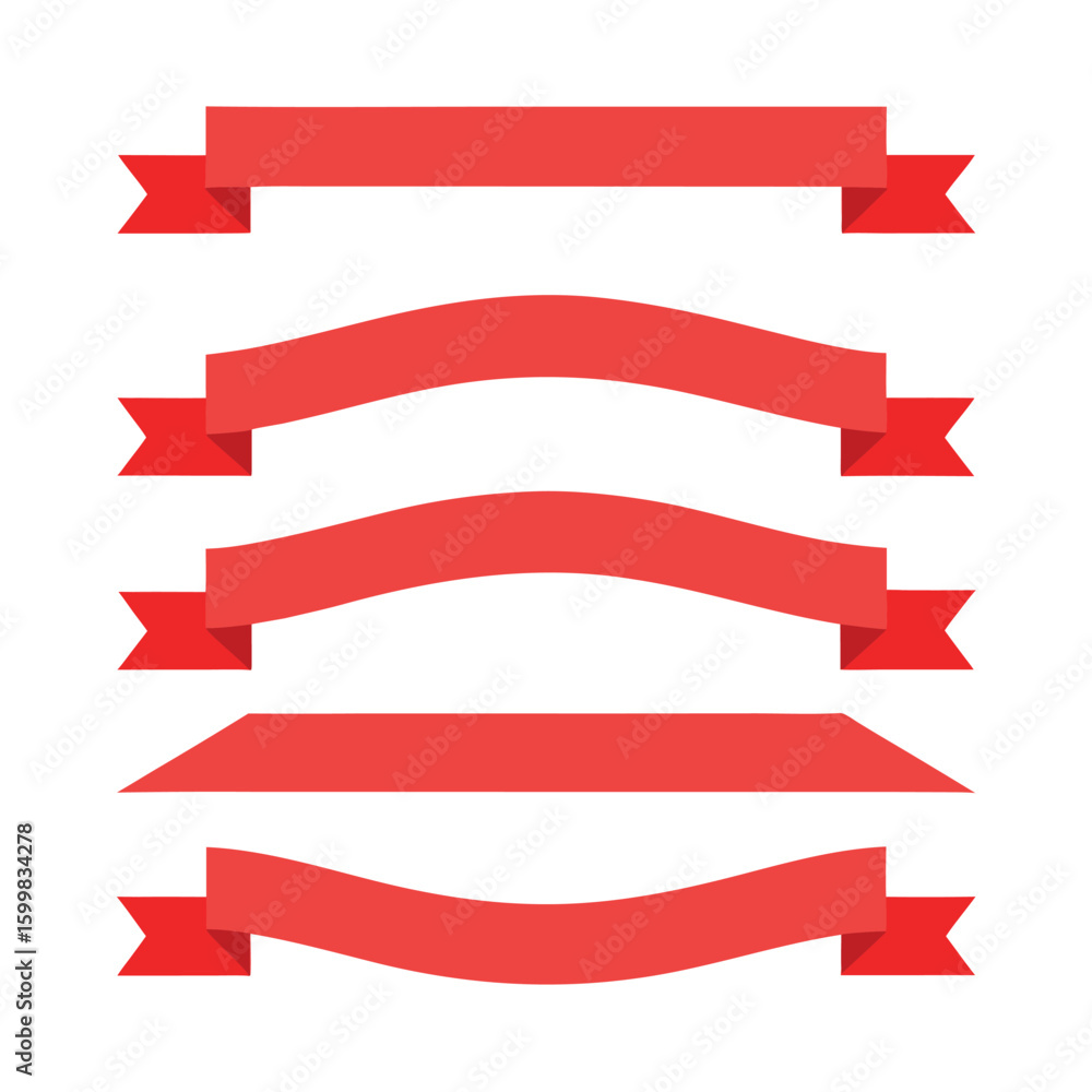Poster collection of five red ribbon banners with different shapes and styles vector