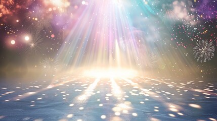 White spotlight with fireworks in the background. Digital artwork.