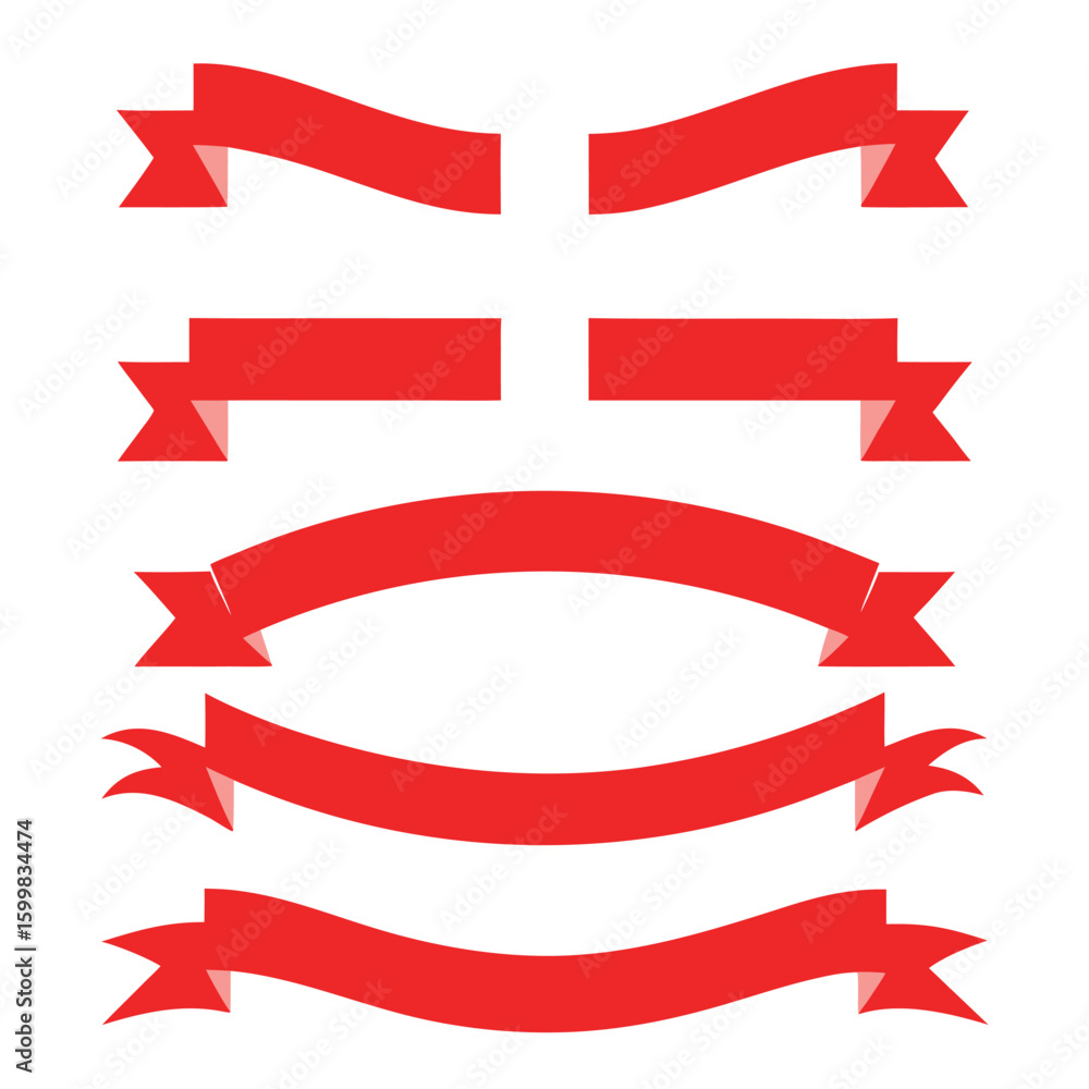 Poster collection of red ribbon banners with pointed ends and curved shapes vector