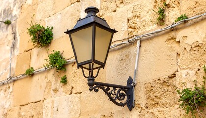 Antique street lamp on a stone wall