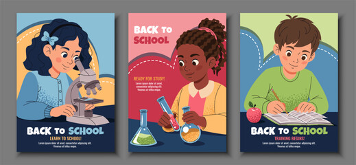 Kids Learning Activities. School Education Poster Set. Diverse Children Studying, are engaged in science and Writing. Flat Vector Illustrations for Teachers, school, E-Learning and Parenting Resources