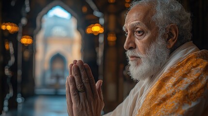 Elderly Man in Prayer, Peaceful Devotion in Sacred Space