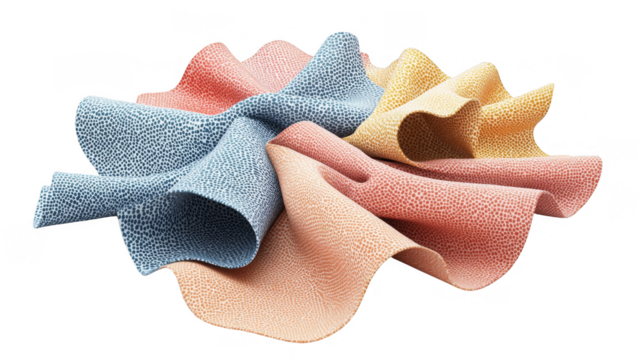 Fabric draped in a circular pattern with a textured surface, isolated on transparent background