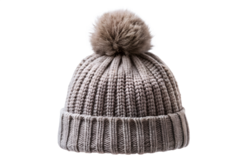 A closeup studio shot captures a grey knitted winter beanie with a soft pompom isolated on a transparent background highlighting its intricate knit pattern and