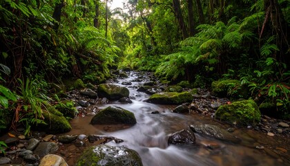 Obraz premium Lush rainforest creek flowing through rocks