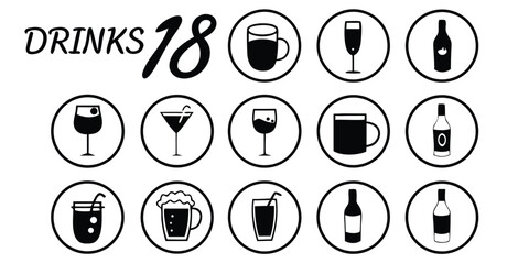 Eighteen Dollars Menu with Drinks and Beverages Icons on transparent background simple graphic featuring various