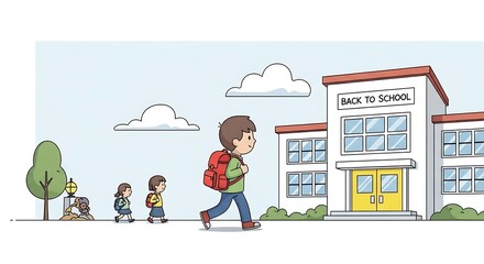 Illustration of children walking to school, one with a red backpack, approaching a building with "Back to School" sign.