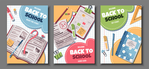 Back to School Poster Set. Flat Design banners with Notebooks, Pens, Markers. Ideal for Educational Campaigns, Classroom Decor, Social Media, E-learning and Student Organization Projects