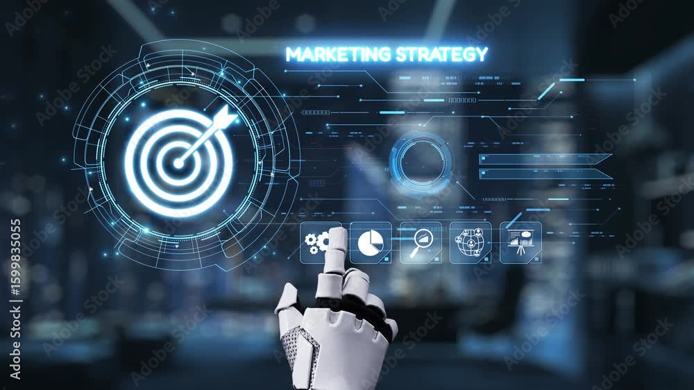 Aufkleber a futuristic robot hand interacts with a digital marketing strategy interface, showcasing advanced t