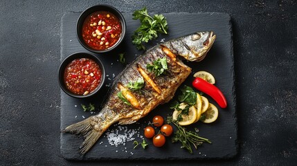 Whole grilled fish coated in rock salt and stuffed with lemongrass, served with spicy dipping sauce and fresh vegetables.