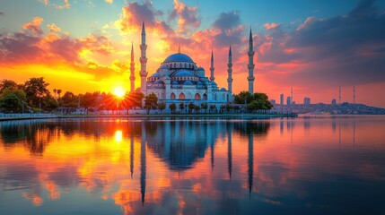 Fototapeta premium Majestic mosque at sunset reflecting on calm water