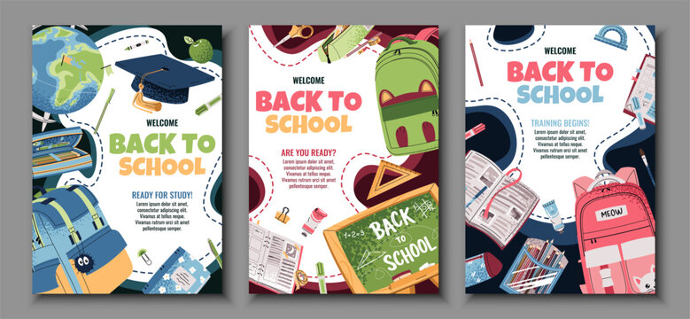 Back to School Poster Set. Banners with Backpack, Books and Stationery in Flat Design. Ideal for Educational Campaigns, Classroom Decor, Social Media, E-learning, preschool, invitation and ads.