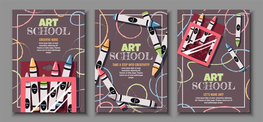 Art School Poster Set with Wax Crayons and Drawing Supplies in Flat Design. Ideal for Kids Creative Classes, Art Workshops, Educational Campaigns, Social Media. Template for banner, flyer, invitation