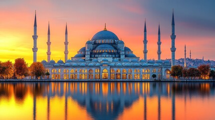 Fototapeta premium Majestic mosque at sunset reflecting on water