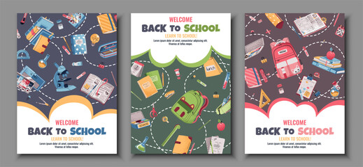 Back to School Poster Set. Banners with Backpack, Stationery and school supplies in Flat Design. Perfect for Educational Branding, Ads, online Learning and school Decor. Template for flyer, invitation