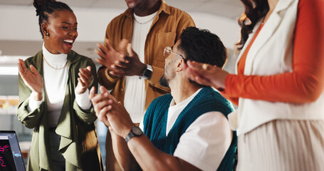 Excited business people, clapping hands and smile in promotion, announcement or success in office....