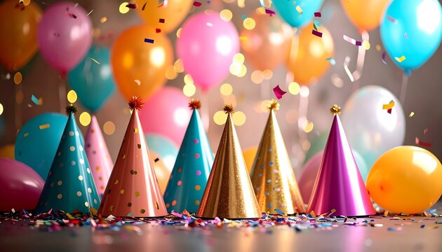 Party hats and balloons in various colors, surrounded by confetti and lights